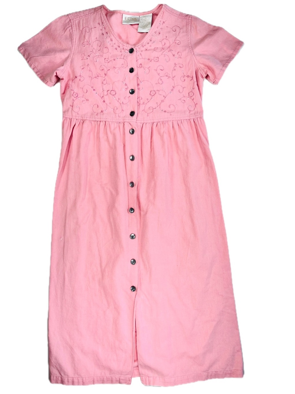 Vintage Pink Linen Button Front Maxi Dress Floral Embroidered Empire Waist Med